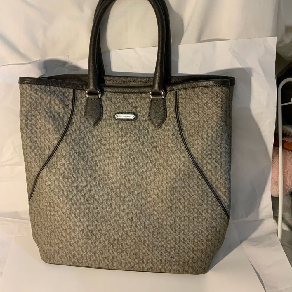 MONTBLANC BROWN GRAY SIGNATURE BAG PVC LEATHER ITALY Excellent
